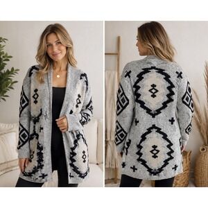 Pinkalicious Gray Aztec Tribal Open Cardigan Gray Boho Western Cozy L
